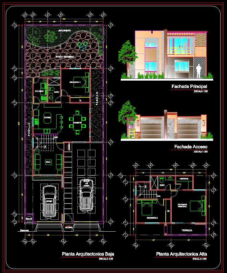 دانلود پروژه طراحی نقشه و پلان خانه ویلایی دو طبقه + تراس و دو پارکینگ (11)