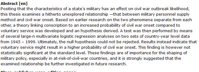 دانلود پایان نامه : بررسی تأثیرات انتخاب روش تأمین پرسنل نظامی بر جنگ داخلی