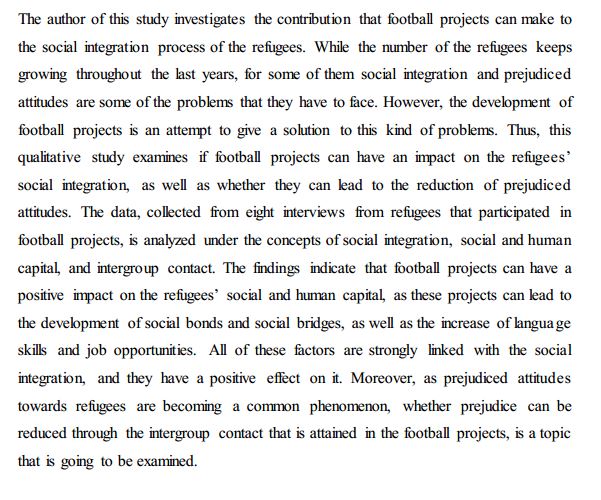 دانلود پایان نامه : بررسی تاثیر  فوتبال بر ادغام اجتماعی پناهندگان