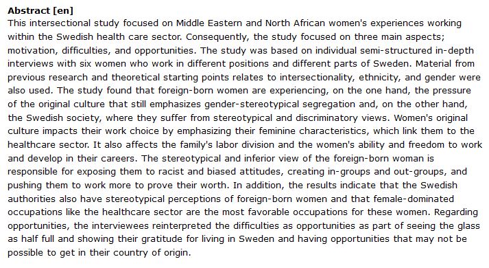 دانلود پایان نامه : مطالعه کیفی در مورد تجارب کاری زنان خاورمیانه ای مهاجر و شاغل در بخش بهداشت سوئد