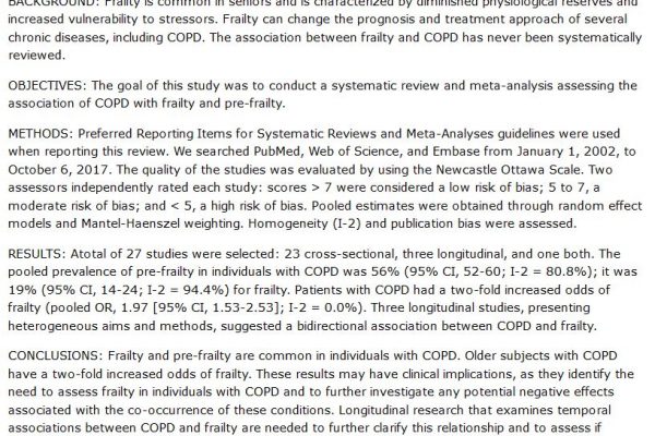 دانلود مقاله :  بررسی سیستماتیک و متاآنالیز مطالعات مشاهده ای در رابطه بیماری COPD و ضعف در سالمندان