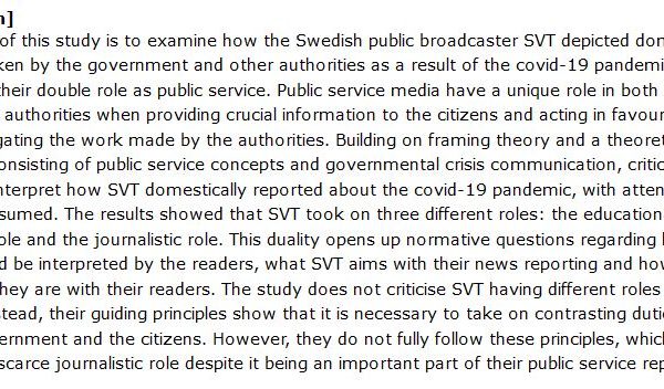 دانلود پایان نامه : تحلیل گزارش های شبکه ملی تلویزیون سوئد در مورد اقدامات دولت در همه گیری کرونا