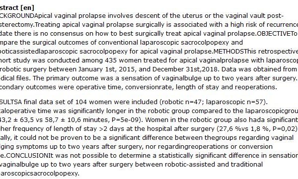 دانلود پایان نامه :  مقایسه نتایج جراحی ساکروکولپوپکسی رباتیکی و لاپاروسکوپی سنتی افتادگی واژن