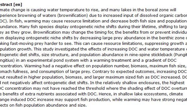 دانلود پایان نامه : مطالعه اثرات افزایش DOC و دمای آب بر روی تغییرات انتوژنتیکی ماهی ها