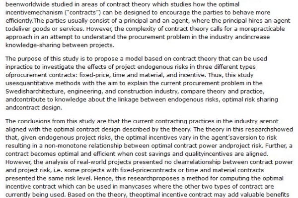 دانلود پایان نامه : اثرات مخاطرات درون زا در طراحی قرارداد: تحلیل نظری و تجربی طراحی قرارداد بهینه در صنعت ساخت و ساز