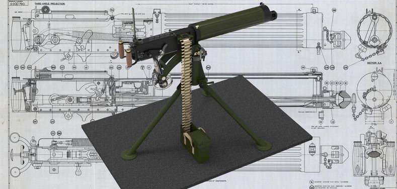 دانلود پروژه طراحی اسلحه کلاسیک مسلسل ویکرز ارتش بریتانیا + نقشه سه نما